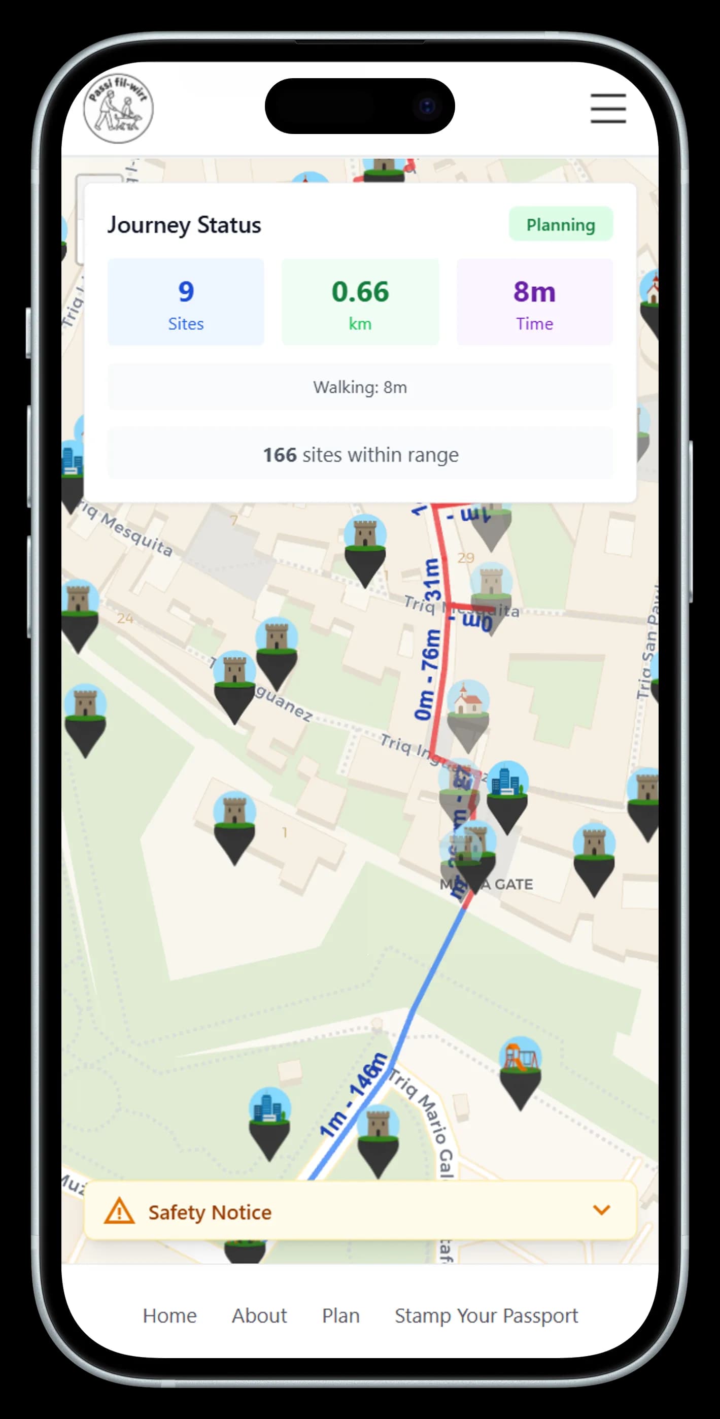 Passi fil-Wirt mobile app showing the route planner interface