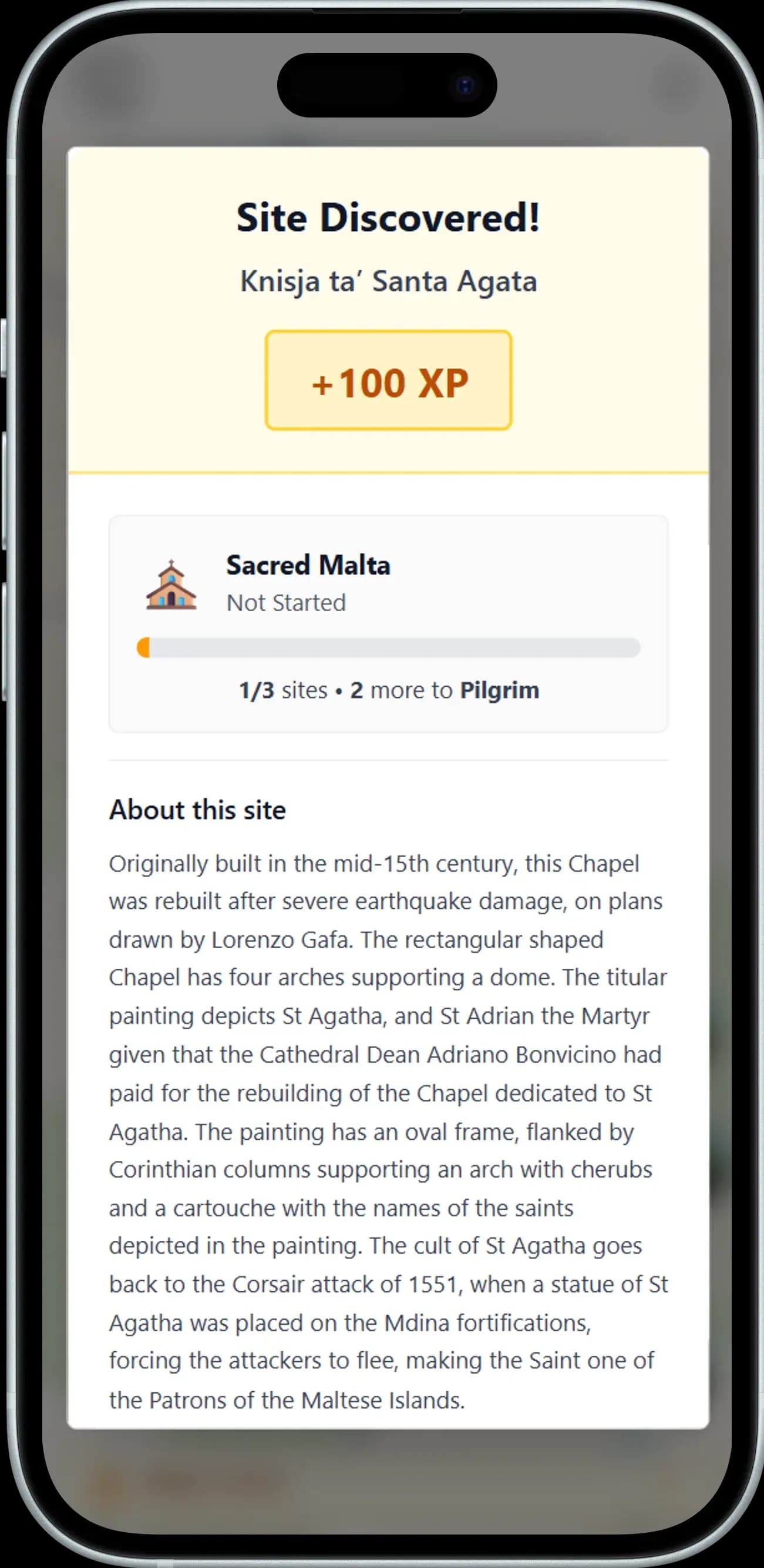 Site discovery confirmation screen showing achievement progress